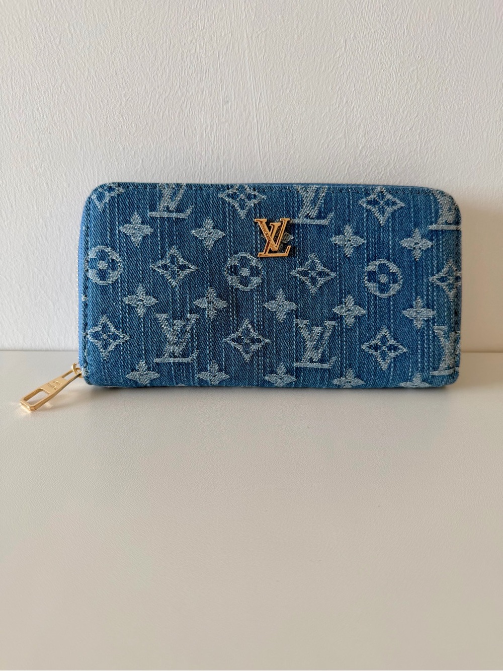 LV  Denim Monogram Zip-Around Wallet in Blue with Gold Hardware